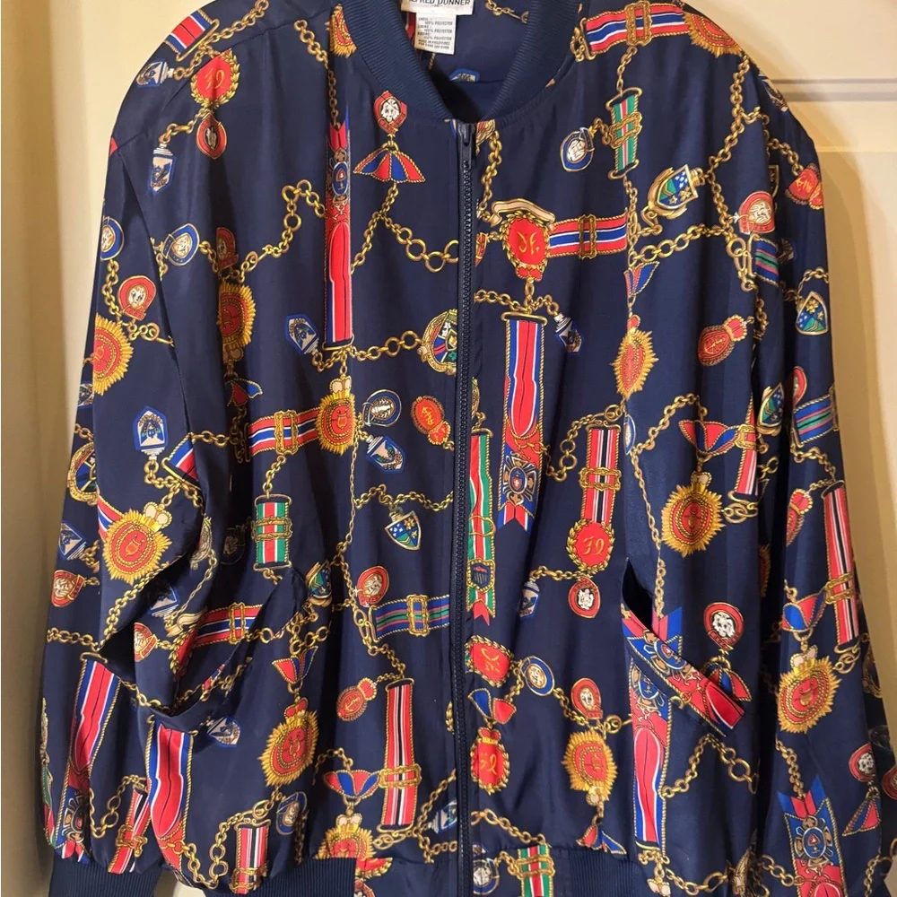 Alfred Dunner 90’s Gold Chain Medals Bomber Patterned Women's Jacket Size 16